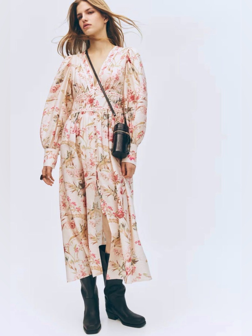 H&M Floral V-Neck Long Sleeve Midi Dress new collection